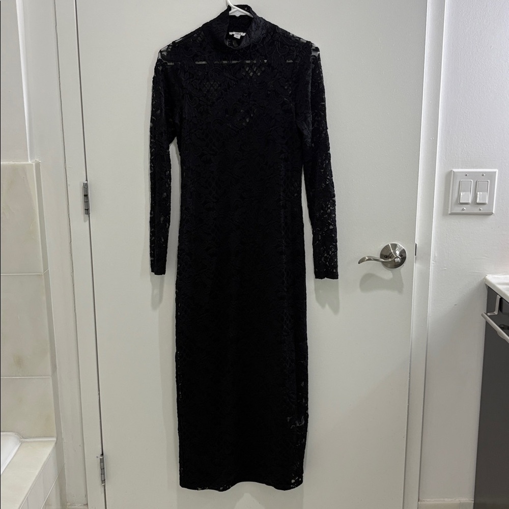 Black Lace Turtleneck gown with mini black dress under